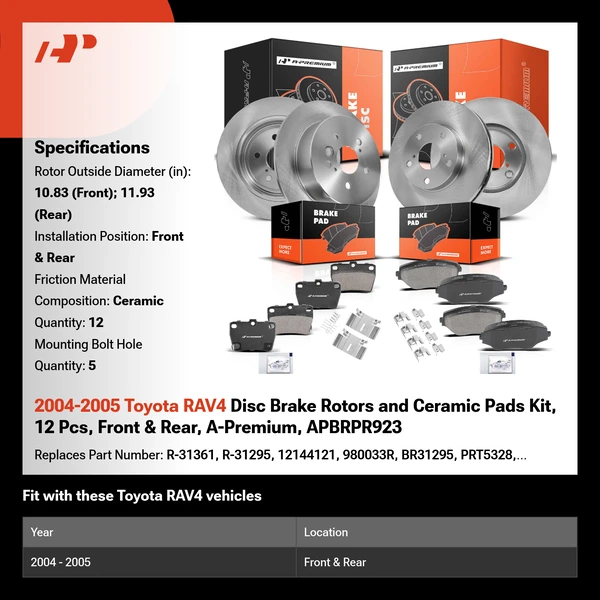 2004-2005 Toyota RAV4 Disc Brake Rotors and Ceramic Pads Kit, 12 Pcs, Front & Rear, A-Premium, APBRPR923