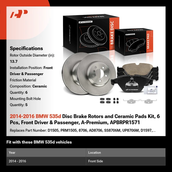 2014-2016 BMW 535d Disc Brake Rotors and Ceramic Pads Kit, 6 Pcs, Front Driver & Passenger, A-Premium, APBRPR1571