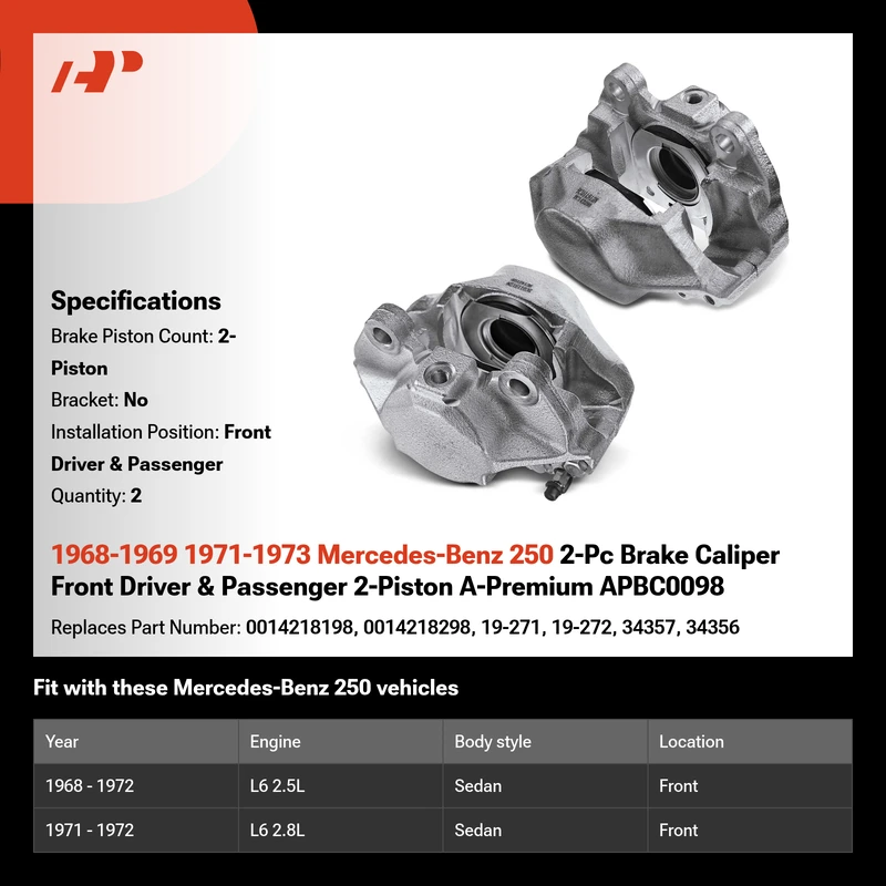 1968-1969 1971-1973 Mercedes-Benz 250 2-Pc Brake Caliper Front Driver & Passenger 2-Piston A-Premium APBC0098
