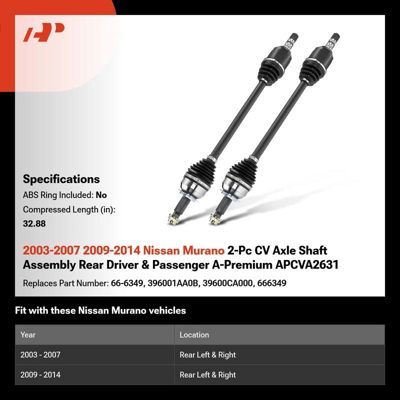 2003-2007 2009-2014 Nissan Murano 2-Pc CV Axle Shaft Assembly Rear Driver & Passenger A-Premium APCVA2631