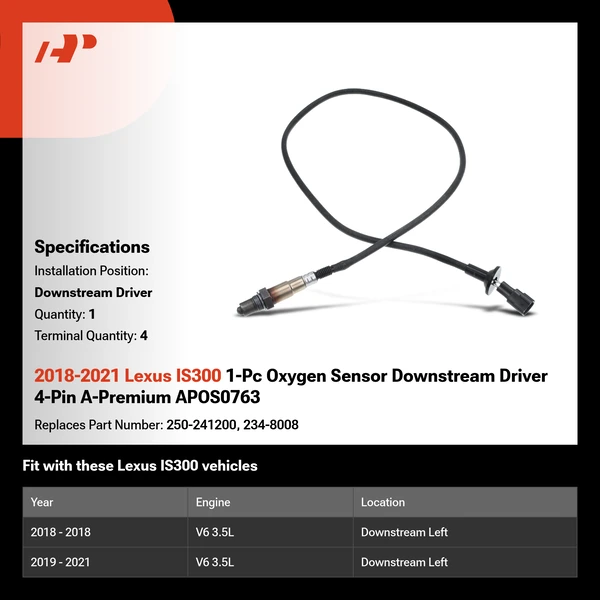 2018-2021 Lexus IS300 1-Pc Oxygen Sensor Downstream Driver 4-Pin A-Premium APOS0763