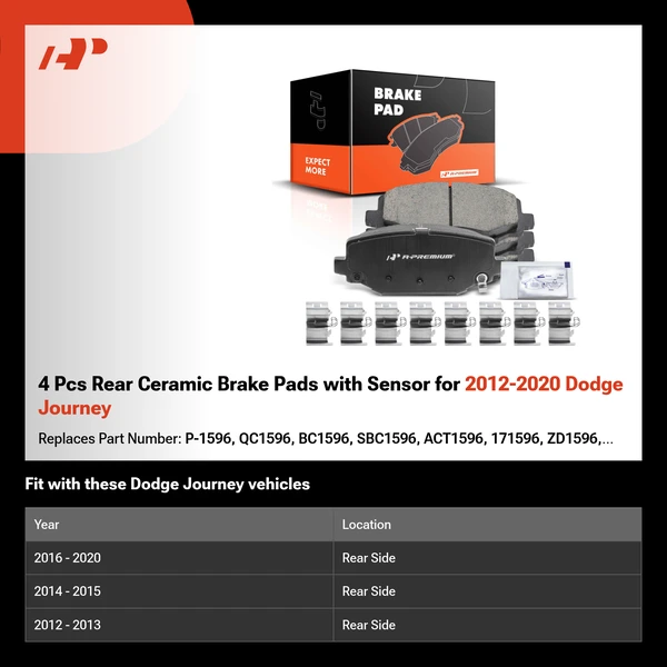 4 Pcs Rear Ceramic Brake Pads with Sensor for 2012-2020 Dodge Journey