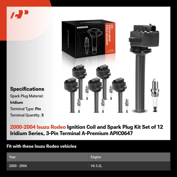 2000-2004 Isuzu Rodeo Ignition Coil and Spark Plug Kit Set of 12 Iridium Series, 3-Pin Terminal A-Premium APIC0647