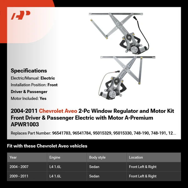 2004-2011 Chevrolet Aveo 2-Pc Window Regulator and Motor Kit Front Driver & Passenger Electric with Motor A-Premium APWR1003