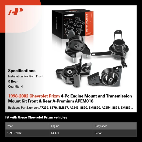 1998-2002 Chevrolet Prizm 4-Pc Engine Mount and Transmission Mount Kit Front & Rear A-Premium APEM018