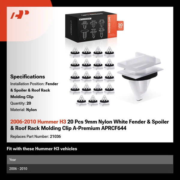 2006-2010 Hummer H3 20 Pcs 9mm Nylon White Fender & Spoiler & Roof Rack Molding Clip A-Premium APRCF644