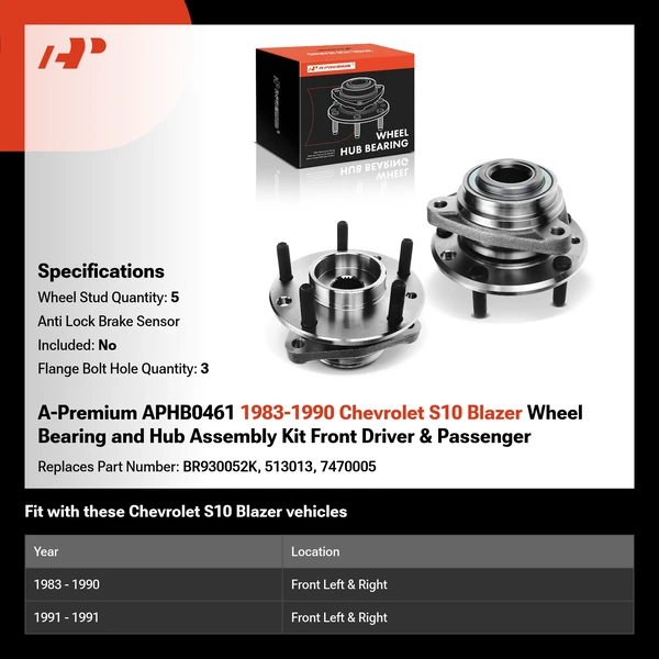 A-Premium APHB0461 1983-1990 Chevrolet S10 Blazer Wheel Bearing and Hub Assembly Kit Front Driver & Passenger
