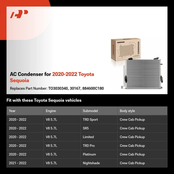AC Condenser for 2020-2022 Toyota Sequoia