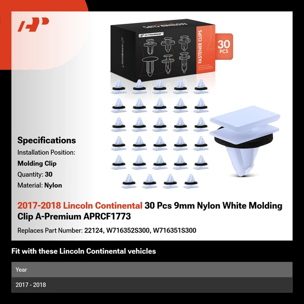 2017-2018 Lincoln Continental 30 Pcs 9mm Nylon White Molding Clip A-Premium APRCF1773
