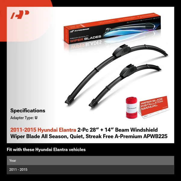 2011-2015 Hyundai Elantra 2-Pc 28″ + 14″ Beam Windshield Wiper Blade All Season, Quiet, Streak Free A-Premium APWB225