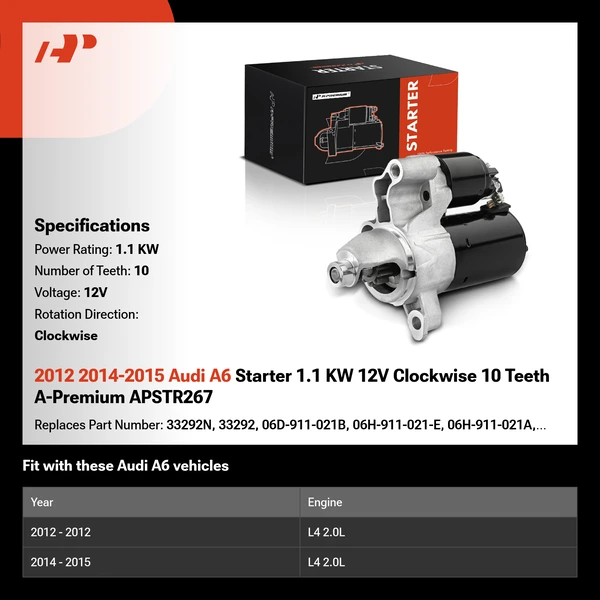 2012 2014-2015 Audi A6 Starter 1.1 KW 12V Clockwise 10 Teeth A-Premium APSTR267