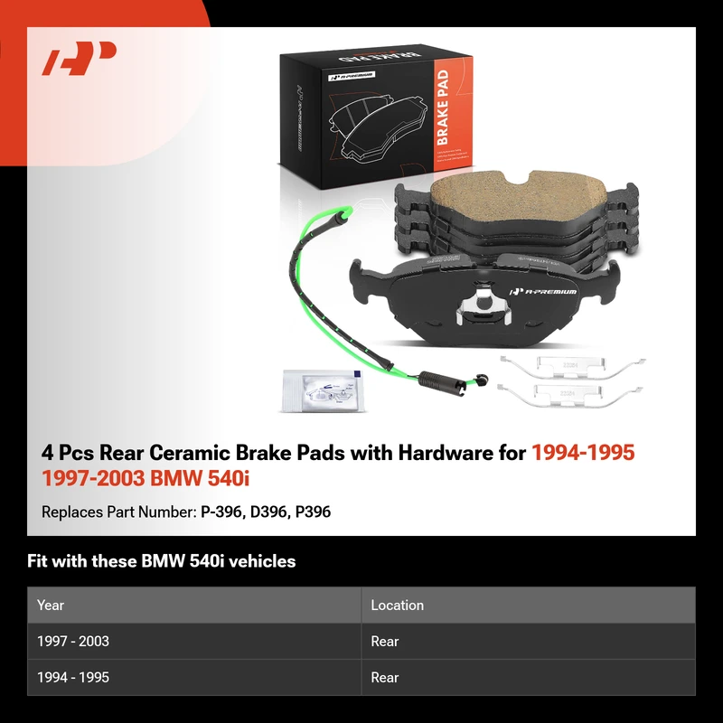 4 Pcs Rear Ceramic Brake Pads with Hardware for 1994-1995 1997-2003 BMW 540i