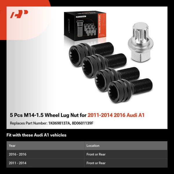 5 Pcs M14-1.5 Wheel Lug Nut for 2011-2014 2016 Audi A1