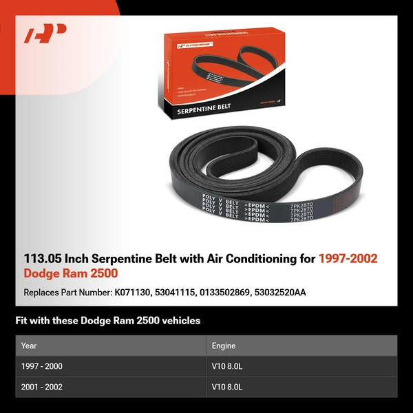 113.05 Inch Serpentine Belt with Air Conditioning for 1997-2002 Dodge Ram 2500