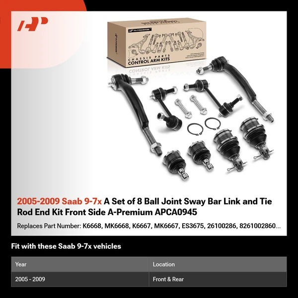 2005-2009 Saab 9-7x A Set of 8 Ball Joint Sway Bar Link and Tie Rod End Kit Front Side A-Premium APCA0945