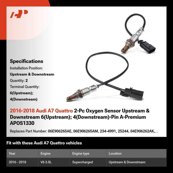 2016-2018 Audi A7 Quattro 2-Pc Oxygen Sensor Upstream & Downstream 6(Upstream); 4(Downstream)-Pin A-Premium APOS1330