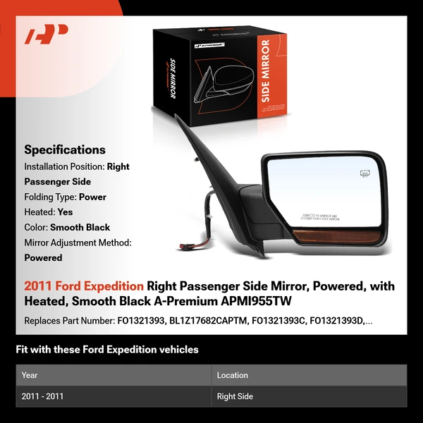 2011 Ford Expedition Right Passenger Side Mirror, Powered, with Heated, Smooth Black A-Premium APMI955TW