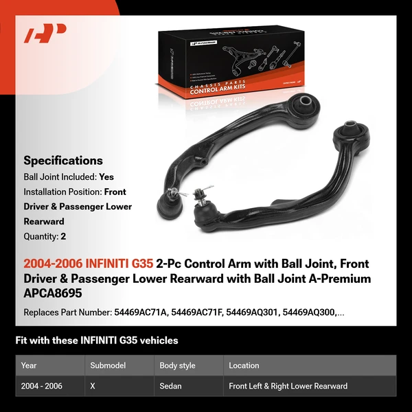 2004-2006 INFINITI G35 2-Pc Control Arm with Ball Joint, Front Driver & Passenger Lower Rearward with Ball Joint A-Premium APCA8695