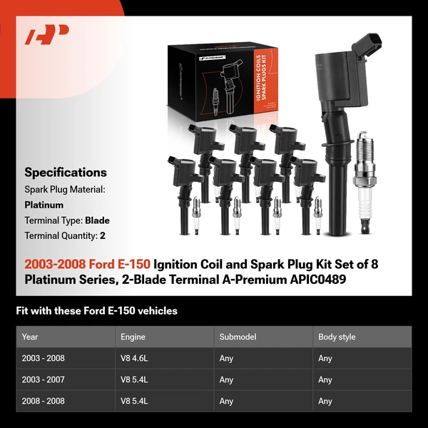 2003-2008 Ford E-150 Ignition Coil and Spark Plug Kit Set of 8 Platinum Series, 2-Blade Terminal A-Premium APIC0489