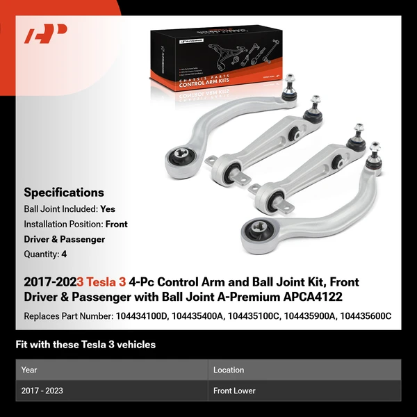 2017-2023 Tesla 3 4-Pc Control Arm and Ball Joint Kit, Front Driver & Passenger with Ball Joint A-Premium APCA4122
