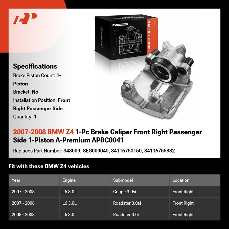 2007-2008 BMW Z4 1-Pc Brake Caliper Front Right Passenger Side 1-Piston A-Premium APBC0041
