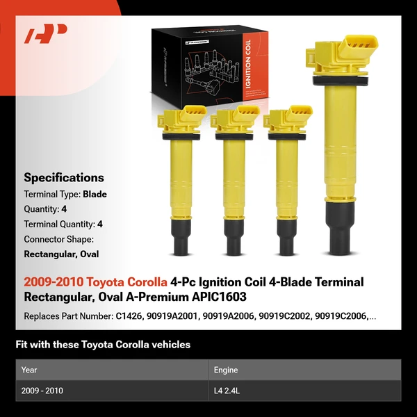 2009-2010 Toyota Corolla 4-Pc Ignition Coil 4-Blade Terminal Rectangular, Oval A-Premium APIC1603