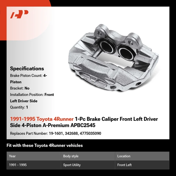 1991-1995 Toyota 4Runner 1-Pc Brake Caliper Front Left Driver Side 4-Piston A-Premium APBC2545