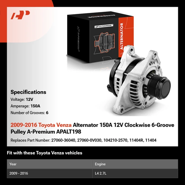 2009-2016 Toyota Venza Alternator 150A 12V Clockwise 6-Groove Pulley A-Premium APALT198