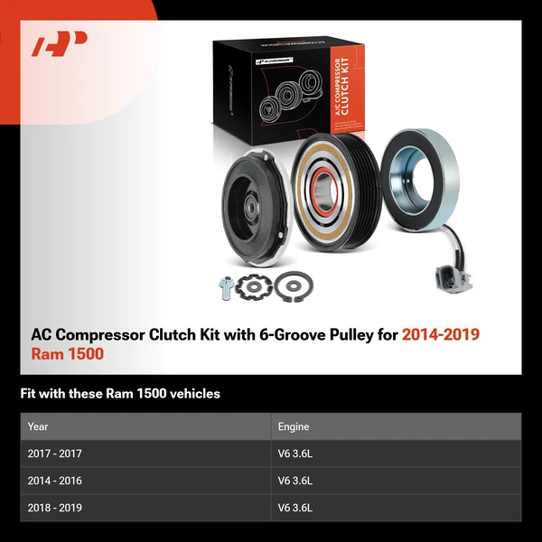 AC Compressor Clutch Kit with 6-Groove Pulley for 2014-2019 Ram 1500
