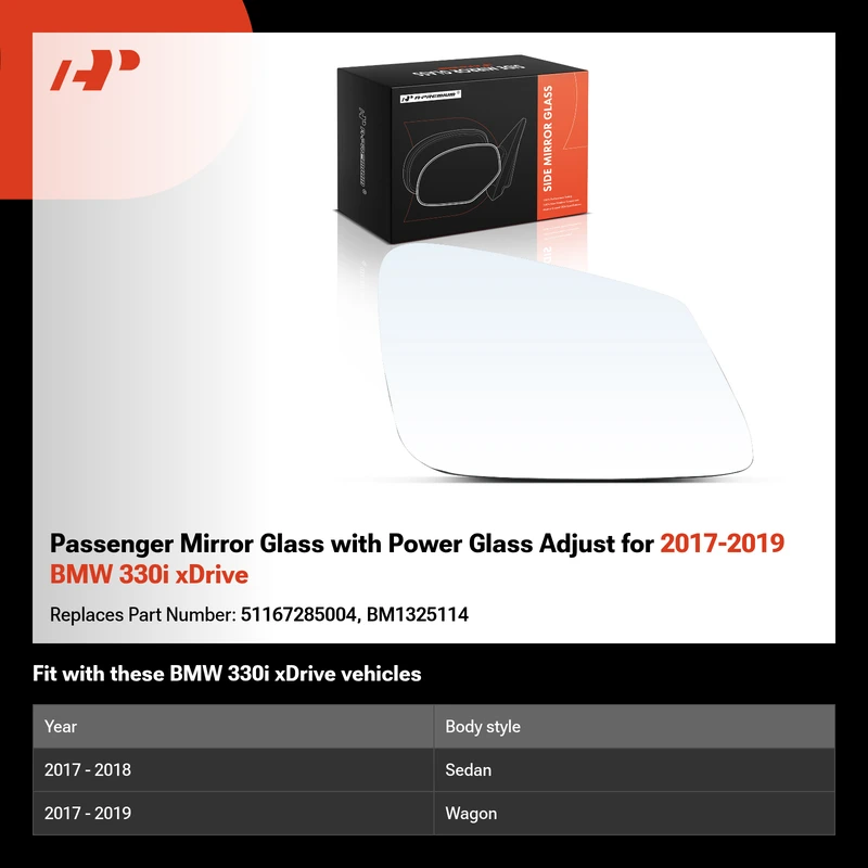 Passenger Mirror Glass with Power Glass Adjust for 2017-2019 BMW 330i xDrive