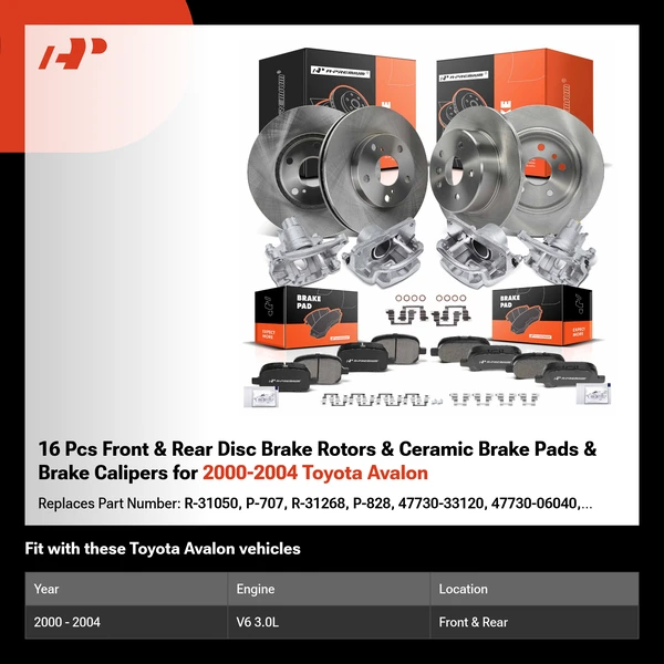 16 Pcs Front & Rear Disc Brake Rotors & Ceramic Brake Pads & Brake Calipers for 2000-2004 Toyota Avalon