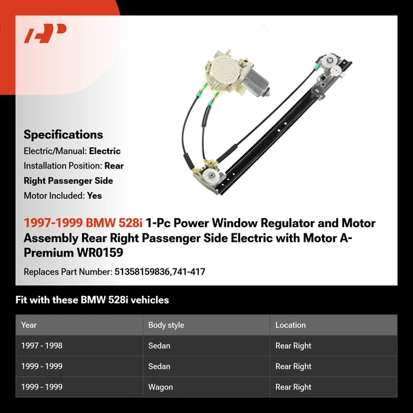 1997-1999 BMW 528i 1-Pc Power Window Regulator and Motor Assembly Rear Right Passenger Side Electric with Motor A-Premium WR0159