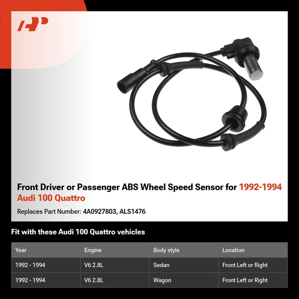 Front Driver or Passenger ABS Wheel Speed Sensor for 1992-1994 Audi 100 Quattro
