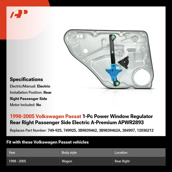 1998-2005 Volkswagen Passat 1-Pc Power Window Regulator Rear Right Passenger Side Electric A-Premium APWR2893