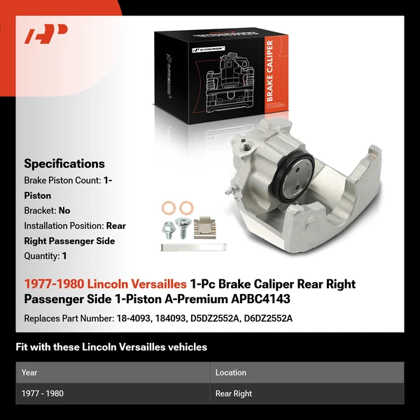 1977-1980 Lincoln Versailles 1-Pc Brake Caliper Rear Right Passenger Side 1-Piston A-Premium APBC4143