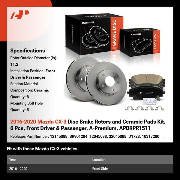 2016-2020 Mazda CX-3 Disc Brake Rotors and Ceramic Pads Kit, 6 Pcs, Front Driver & Passenger, A-Premium, APBRPR1511