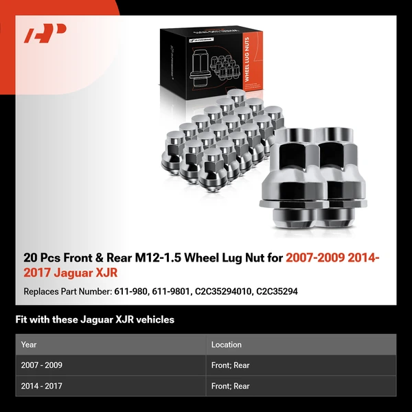 20 Pcs Front & Rear M12-1.5 Wheel Lug Nut for 2007-2009 2014-2017 Jaguar XJR