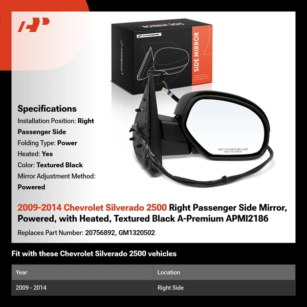 2009-2014 Chevrolet Silverado 2500 Right Passenger Side Mirror, Powered, with Heated, Textured Black A-Premium APMI2186