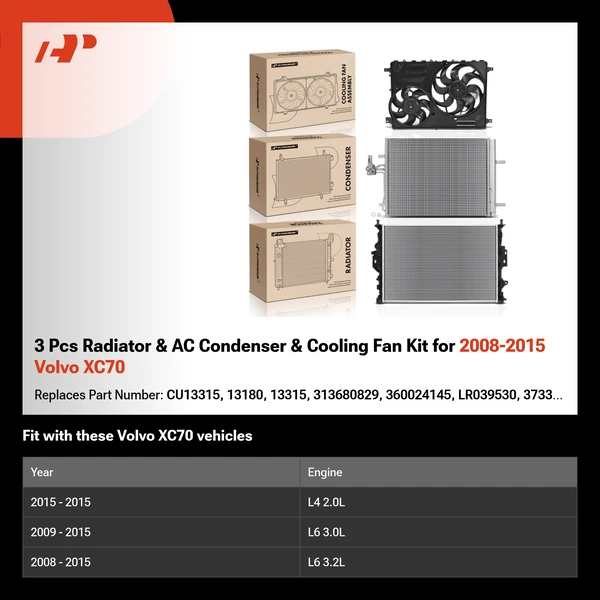 3 Pcs Radiator & AC Condenser & Cooling Fan Kit for 2008-2015 Volvo XC70