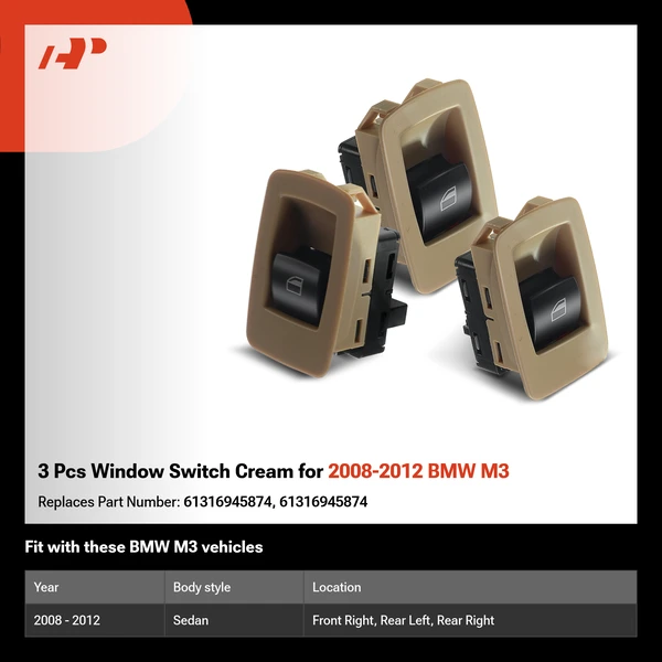 3 Pcs Window Switch Cream for 2008-2012 BMW M3