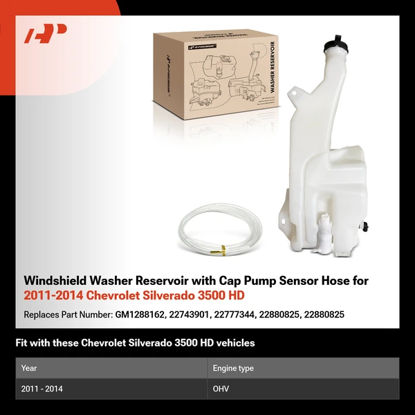 Windshield Washer Reservoir with Cap Pump Sensor Hose for 2011-2014 Chevrolet Silverado 3500 HD