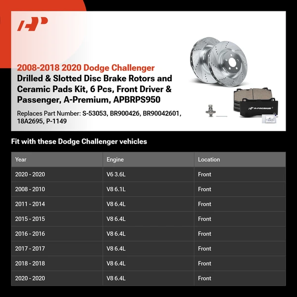 2008-2018 2020 Dodge Challenger Drilled & Slotted Disc Brake Rotors and Ceramic Pads Kit, 6 Pcs, Front Driver & Passenger, A-Premium, APBRPS950