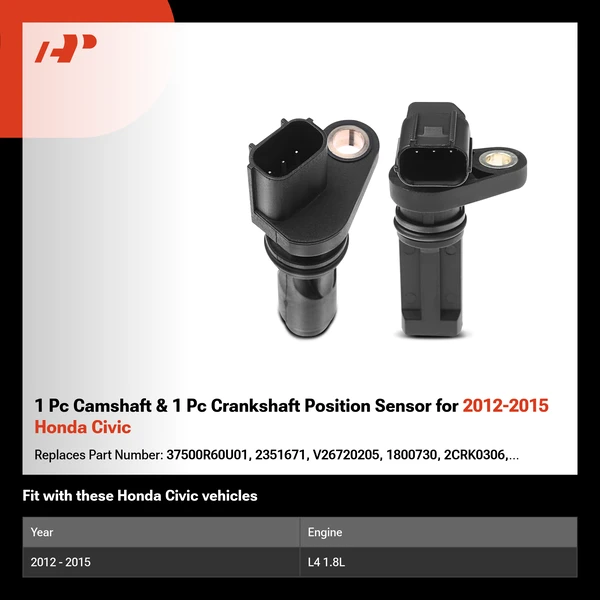 1 Pc Camshaft & 1 Pc Crankshaft Position Sensor for 2012-2015 Honda Civic