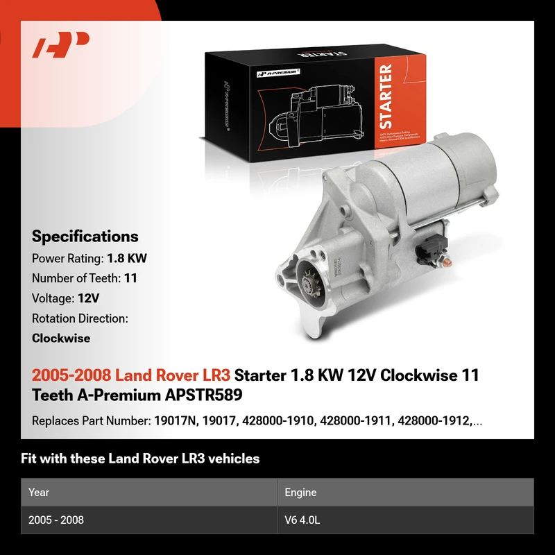 2005-2008 Land Rover LR3 Starter 1.8 KW 12V Clockwise 11 Teeth A-Premium APSTR589