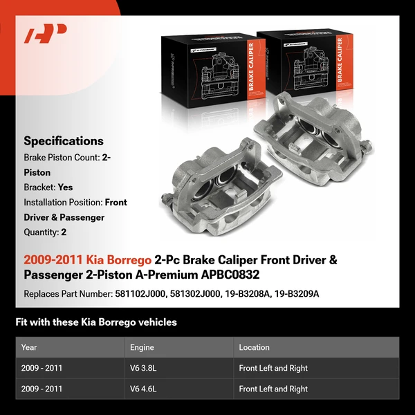 2009-2011 Kia Borrego 2-Pc Brake Caliper Front Driver & Passenger 2-Piston A-Premium APBC0832