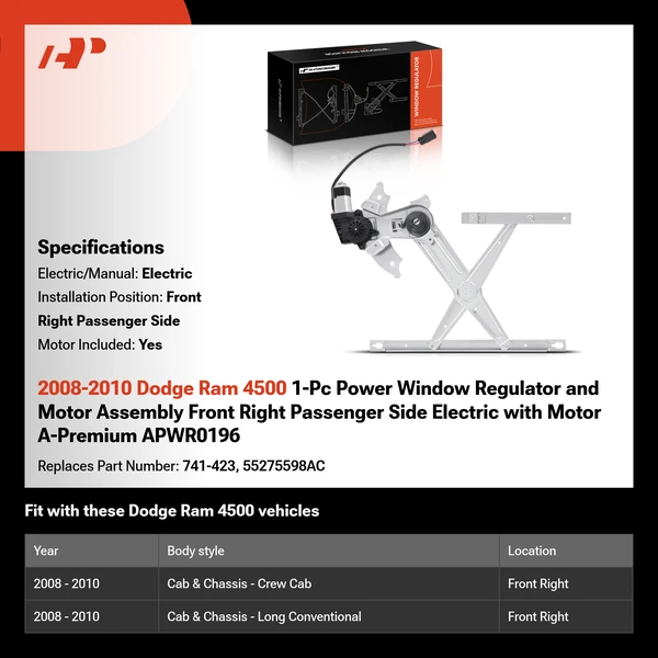 2008-2010 Dodge Ram 4500 1-Pc Power Window Regulator and Motor Assembly Front Right Passenger Side Electric with Motor A-Premium APWR0196