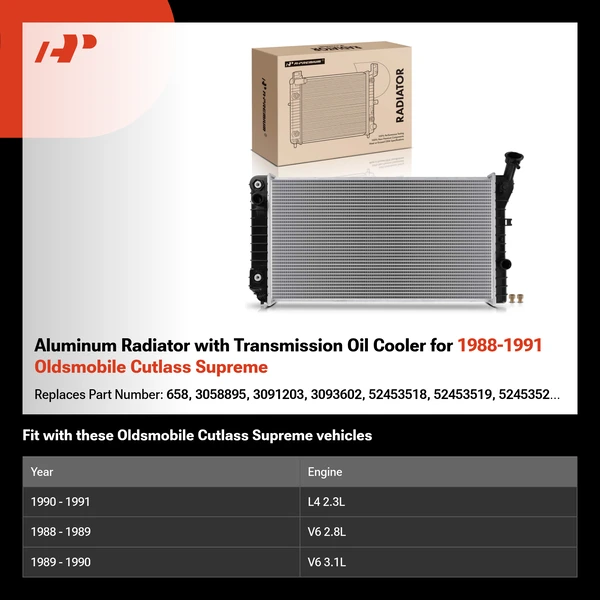 Aluminum Radiator with Transmission Oil Cooler for 1988-1991 Oldsmobile Cutlass Supreme