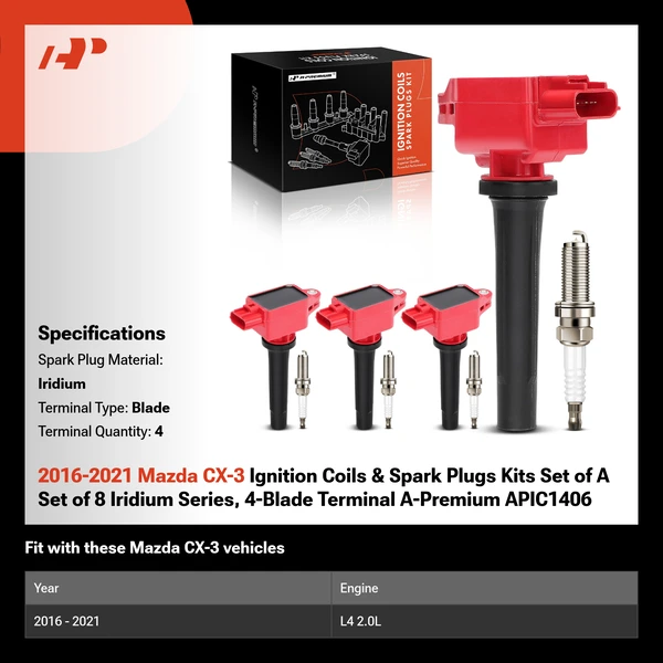 2016-2021 Mazda CX-3 Ignition Coils & Spark Plugs Kits Set of A Set of 8 Iridium Series, 4-Blade Terminal A-Premium APIC1406
