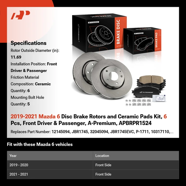 2019-2021 Mazda 6 Disc Brake Rotors and Ceramic Pads Kit, 6 Pcs, Front Driver & Passenger, A-Premium, APBRPR1524