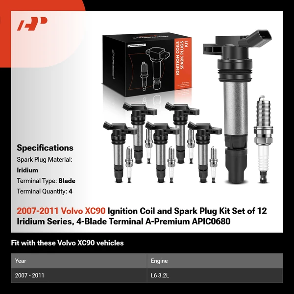 2007-2011 Volvo XC90 Ignition Coil and Spark Plug Kit Set of 12 Iridium Series, 4-Blade Terminal A-Premium APIC0680